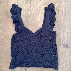 Beach Boutique Newbury Kustom navy blue crochet ruffle crop tank medium -NWOT